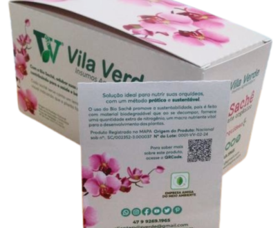 Caixa e envelope do Bio Sachê para orquídeas da Vila Verde, com design sustentável e biodegradável.