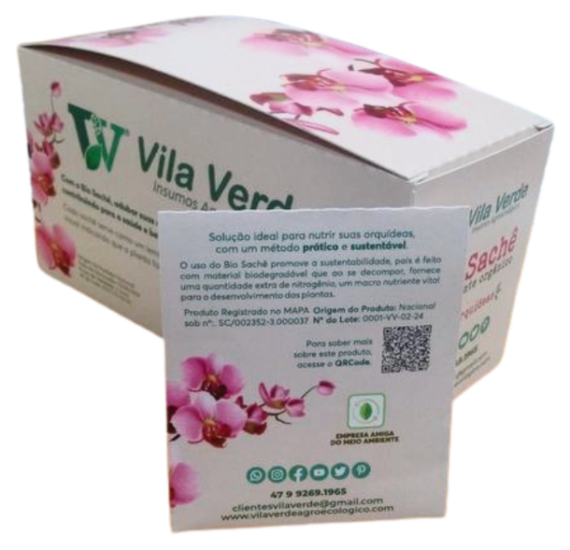 Caixa e envelope do Bio Sachê para orquídeas da Vila Verde, com design sustentável e biodegradável.